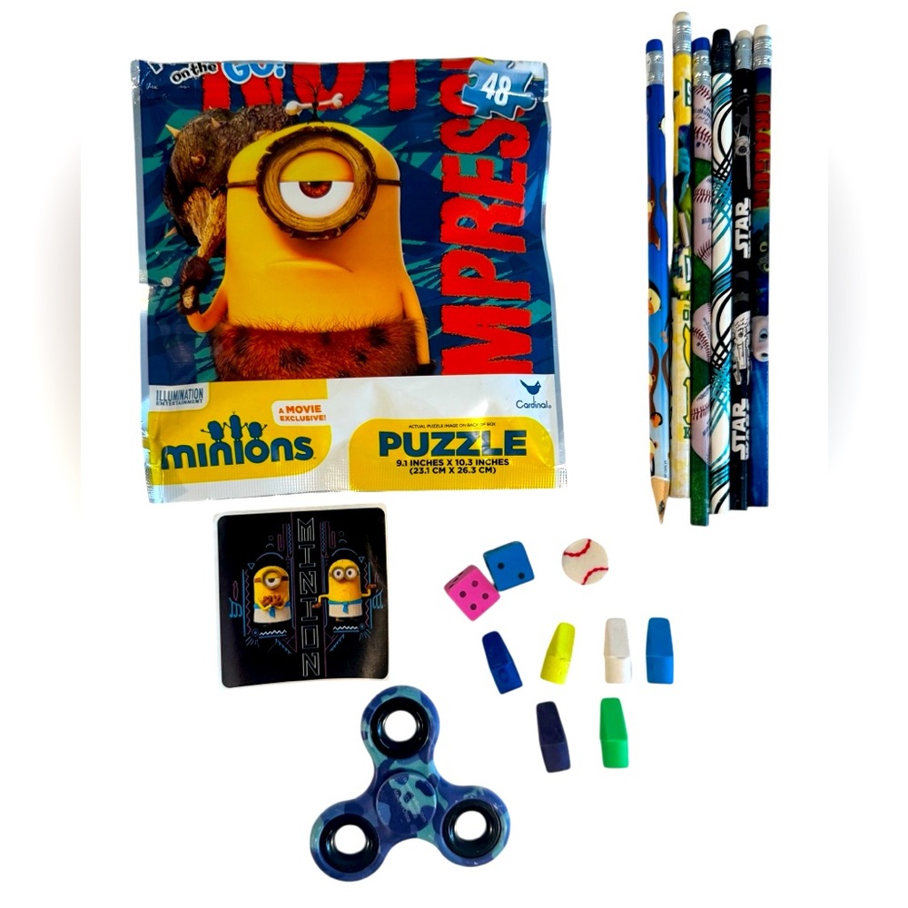 Bundle with minions puzzle 6 pencils erasers & fidget spinner